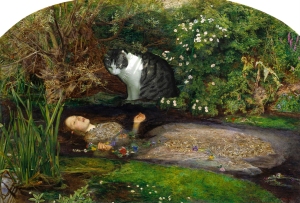Composite image of Millais's Ophelia with a cat